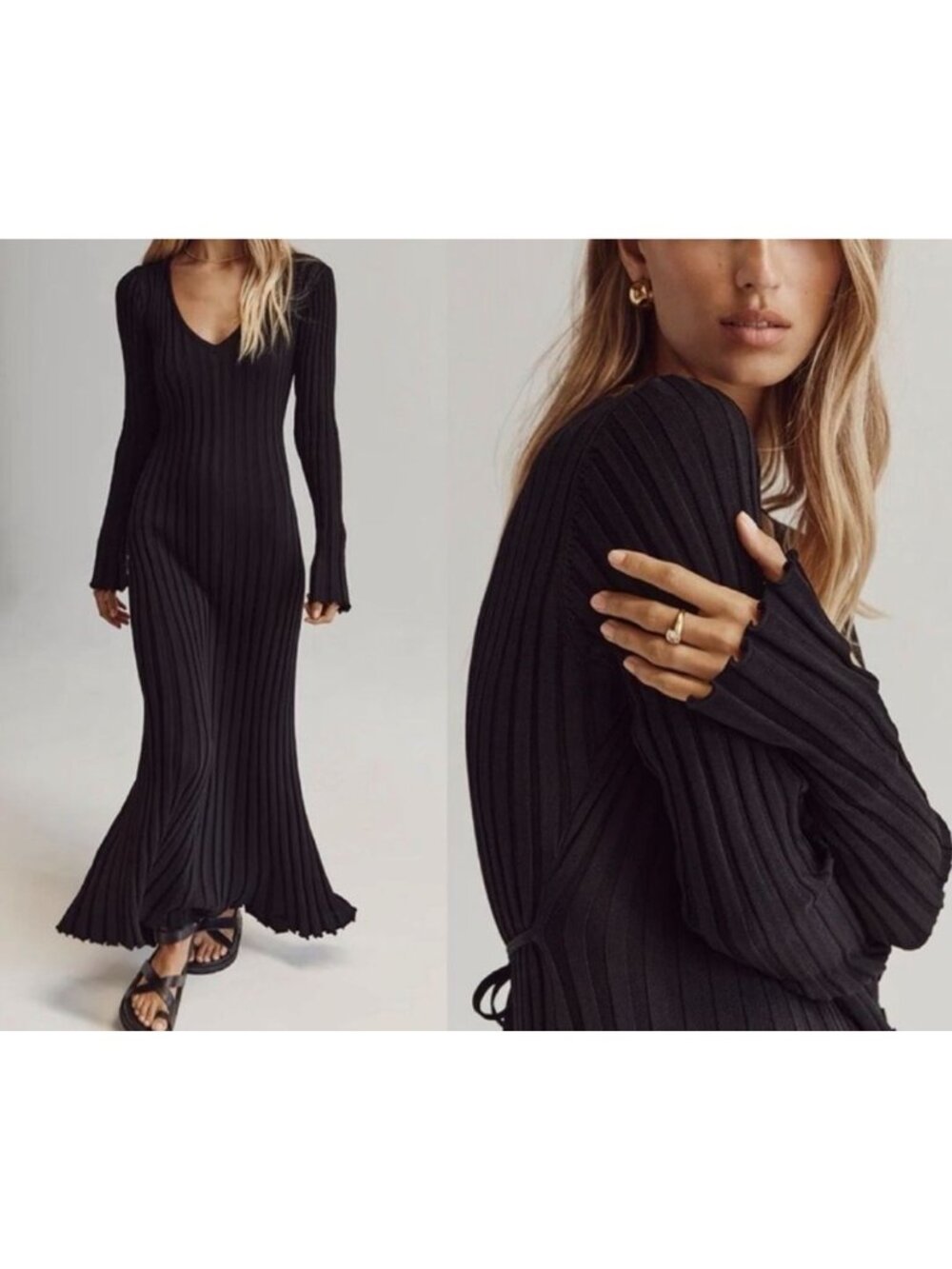 DISSH Reign Black Ribbed Knit Long Sleeve Maxi Dress size Small V-Neck Timeless